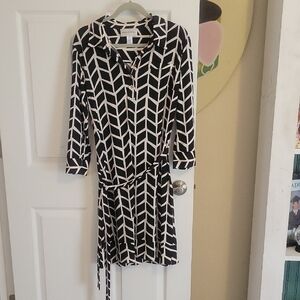 Donna Morgan Black and White Chevron Long Sleeve Dress vneck button up sz14